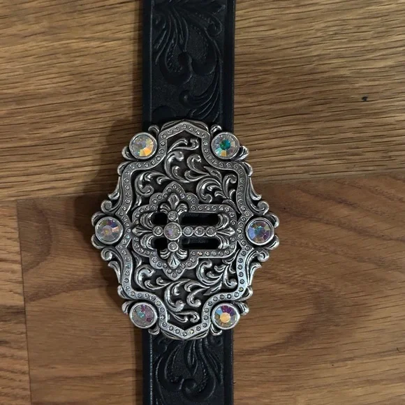 Tony Lama Swarovski Crystal Concho Cross Black Tooled Leather Belt Sz. 36